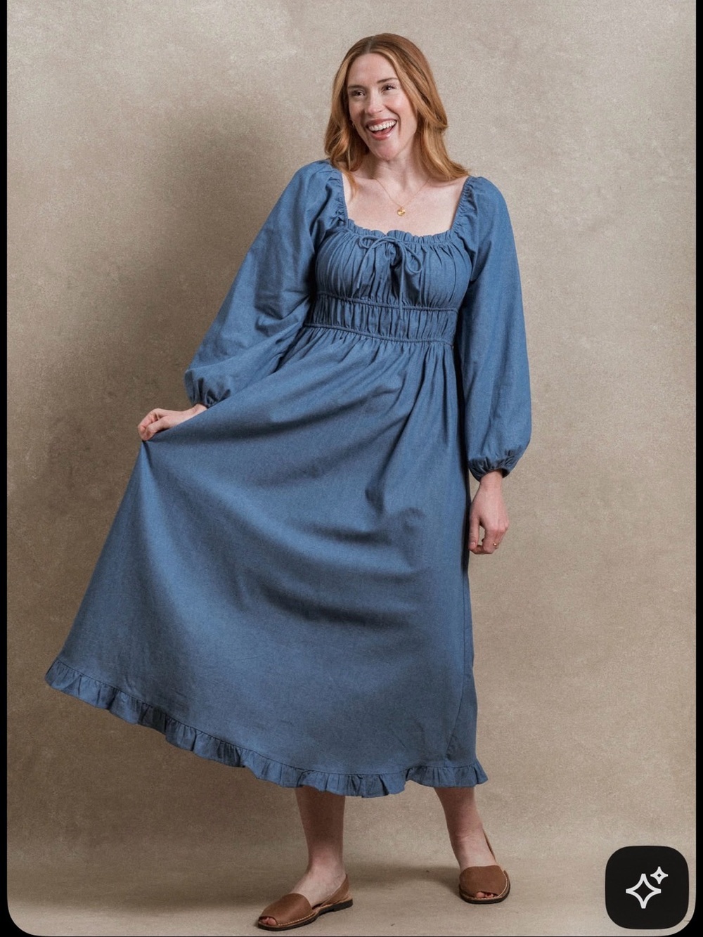 Neuflora XS NWT Bellevue chambray Smocked Maxi Dress with Puff Sleeves